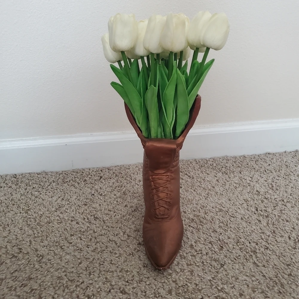 Vintage Antique Bronze Copper Heeled Cowboy Boot Vase Decor - Picture 4 of 9